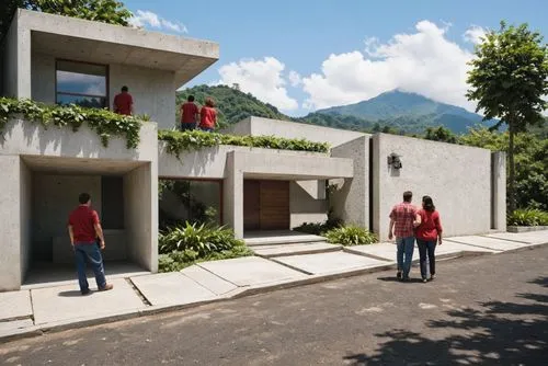 A 3d rendering of a modern, minimalist concrete building with a lush green hillside in the background. the building has a rectangular shape with large windows and a wooden door, and is surrounded by d