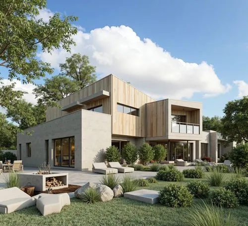 
A photo-realistic rendering of a modern, minimalist two-story house with a contemporary design. the house is situated on a hillside, surrounded by lush greenery and trees, with a clear blue sky and f