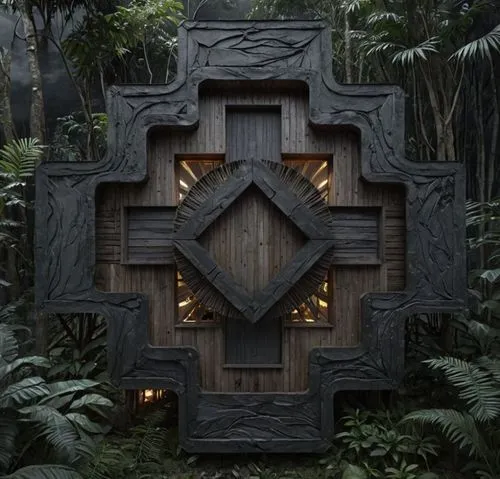 a wooden wall surrounded by vegetation with a light in it,forest house,vivarium,cube house,house pineapple,rainforest,wooden sauna,house in the forest,wood structure,sanctum,cubic house,wooden constru