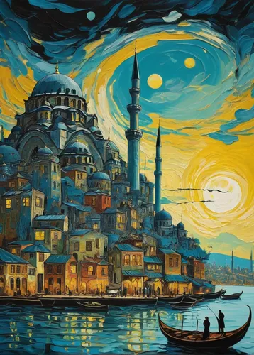 A fantastical cityscape (istanbul) where mythical creatures coexist with futuristic elements, a harmonious blend of the past and present and future, design in mind, impasto brush strokes by vincent va