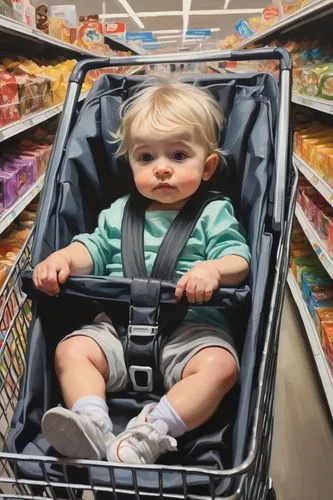 loose, smidged, dark, and abstract painting of a small child in the car seat of a supermarket cart, full of sweets,children's shopping cart,diabetes in infant,toy shopping cart,carrycot,grocery shoppi