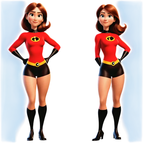 Pixar 3d Style. Create  a beautiful character, model sheet style, 4k. She must  look likes to Helen Parr, INCREDIBLE WOMAN from incredible series by Walt Disney Pictures. Show FRONT AND BACK, view,  s