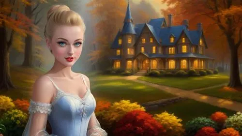 Romantic masterpiece oil painting, cute girl portrait, nostalgic 1950's style kitsch, breathtaking beautiful landscape, majestic natural Autumn scenery, Gothic Victorian manor mansion, warm evening li