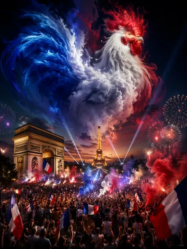 Create an ultra-dramatic, photorealistic cinematic fantasy scene of Paris during a massive French celebration at night. The composition is vertical, wide-angle, and densely detailed: the Eiffel Tower 