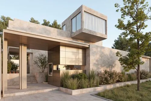 A modern minimalist house with large glass windows, beige stone walls, and a reflective mirrored facade, surrounded by soft green hills and trees, designed with clean lines and symmetry, basking in so