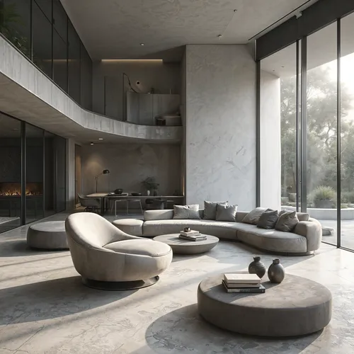 Room, Contemporary, Subtle transitions, Satin concrete,a round, concrete sectional couch sitting in front of a large window,minotti,modern living room,interior modern design,luxury home interior,seidl