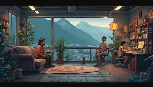 LOFI,a couple of people sitting in a room,study room,apartment,shared apartment,an apartment,sky apartment,peregrini,livingroom,book wallpaper,apartment lounge,sci fiction illustration,reading room,th