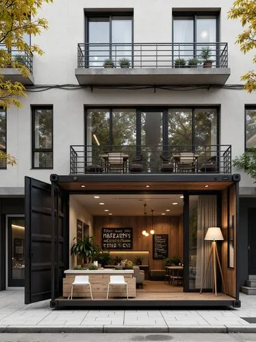 "Coffee", exterior design of a small coffee shop in the shape of a shipping container, made from dark wood and glass, located on a city street. Architectural rendering in a minimalist style with a cle
