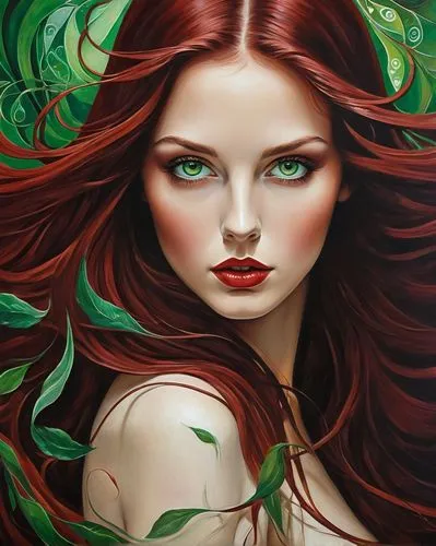 young woman, beautiful long deep red brown hair, green eyes,a painting of a woman with long hair,seelie,dryad,dryads,jingna,diwata,faery,behenna,enchantress,persephone,the enchantress,Illustration,Bla