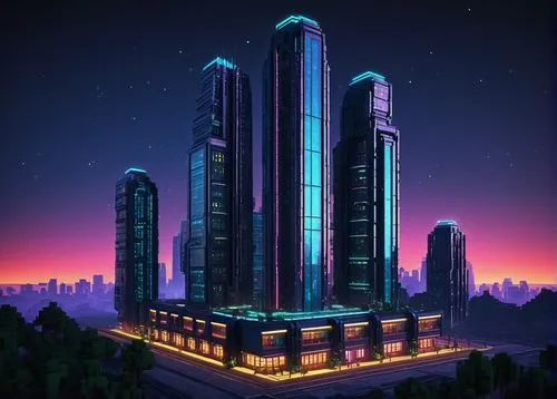 Modern futuristic skyscraper, Minecraft blocky style, sleek glass windows, metallic pillars, intricate LED lights, towering high-rise building, urban cityscape, bustling streets, busy NPCs, day-night 