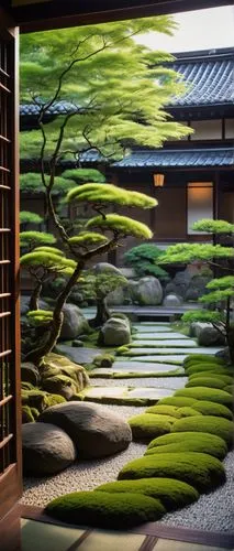 Traditional Japanese house, tatami mats, shoji screens, sliding doors, paper lanterns, curved tiled roofs, bonsai trees, serene garden, koi pond, stone lanterns, stepping stones, moss-covered grounds,