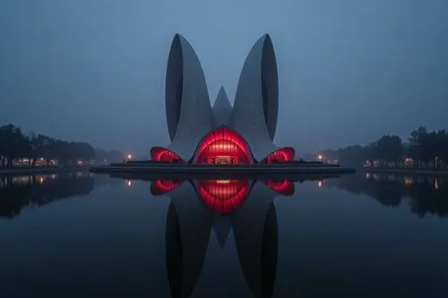 Haunted house, Scary building, Scary-Looking Structures, red lignts, Envision structures that evoke an atmosphere of dread and mystery, buildings, dark, dangerous,,the building is next to a body of wa