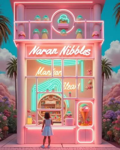 a person standing outside of a store with lots of neon lights,neon coffee,neon candies,neon arrows,norms,neon ice cream,neon sign,neon cocktails,neon drinks,dioramas,neon,modern,ice cream shop,retro d