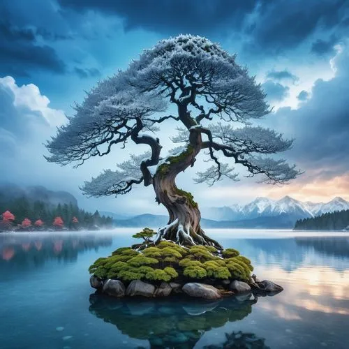 A detailed digital illustration of an ethereal stormy sky, with an ethereal, snow-covered landscape. The foreground is adorned with a  bonsai maple tree whose trunk reaches toward the dark water, whil