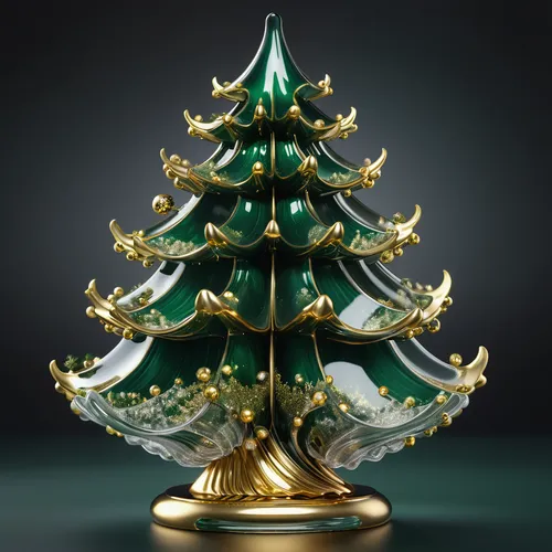 Holly Christmas tree with gold and white decorations, style ZBrush, (smooth glass sculpture: 1.2), dark green and gold, online sculpture, glazed, (magnetic waves in the background: 1).,fir tree decora