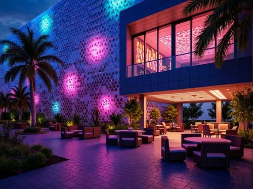 Neon-lit nightclub exterior, futuristic fa\u00e7ade, metallic materials, LED light installations, dynamic patterns, eco-friendly roofing systems, rainwater harvesting systems, green walls, recycled gl
