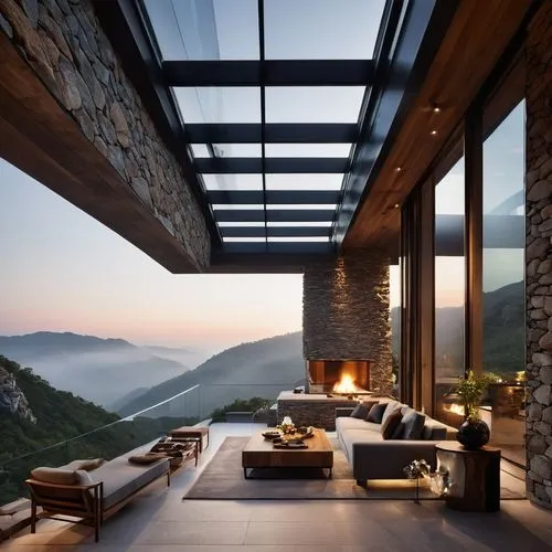 A huge dragon climbs out of a chasm and looms over a house. Foggy atmosphere and ghostly light. A striking modern villa set on the edge of a mountain cliff, featuring cantilevered living spaces that e