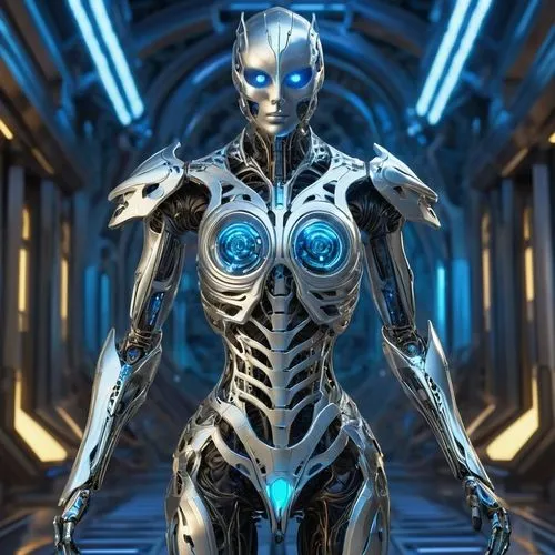The Mythical Warrior. A labyrinth of microscopic machinery—neural filigree, fractal joints, and chrome veins pulsing with data. Every surface reveals nested gears, holographic HUD scars, and biomechan