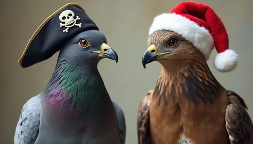 A pigeon and a hawk. The pigeon is on the left side of the frame, wear a pirate hat. The hawk is on the right side of the frame, wear a santa hat.,A pigeon and a hawk. The pigeon is on the left side o