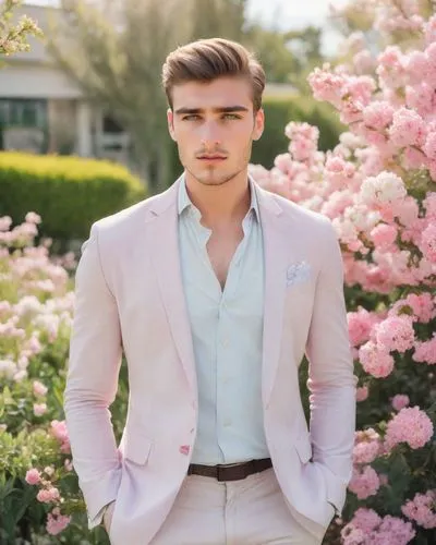 Outdoor headshots，Sleek Modern Architecture，Spring Pastels,a man,pink tie,flowered tie,man in pink,formal guy,spring background,male model,springtime background,wedding suit,floral background,men's su
