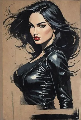 1960's COMIC STYLE. PIN-UP POSTER style
. UPPER BODY DRAWING|PAINTING of
MINA KUNIS|MEGAN FOX
, 160cm, perfect (muscular female hardbody, slim waist), tight black leather jeans, black tanktop, 
in the
