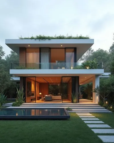 Design a contemporary two-story house with a minimalist aesthetic, large floor-to-ceiling windows, a cantilevered second floor, and a flat green roof. The exterior features a combination of white conc