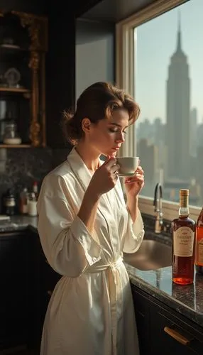 a trendy woman in the kitchen, New York 1988. The woman, dressed in an elegant white silk robe, sip freshly brewed coffee. The kitchen is richly adorned with 80s details of black marble and furnitures