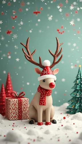 A modern Christmas wallpaper featuring reindeer, styled with classic Christmas colors tones, evoking a festive and cheerful atmosphere.,a christmas reindeer that has just finished decorationating its 