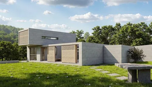 A photo-realistic rendering of a modern, minimalist house with a contemporary design. the house is situated on a grassy area with a stone path leading to it, and is surrounded by dense green trees and