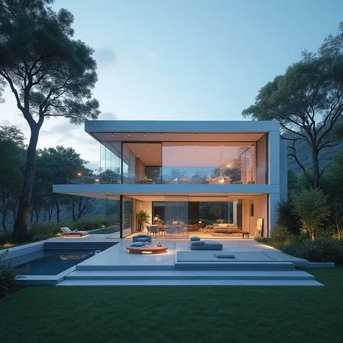 Design a villa with holographic entertainment systems, AI-powered climate control, and interactive glass walls.,a very fancy looking home with lots of windows and plants,modern house,modern architectu
