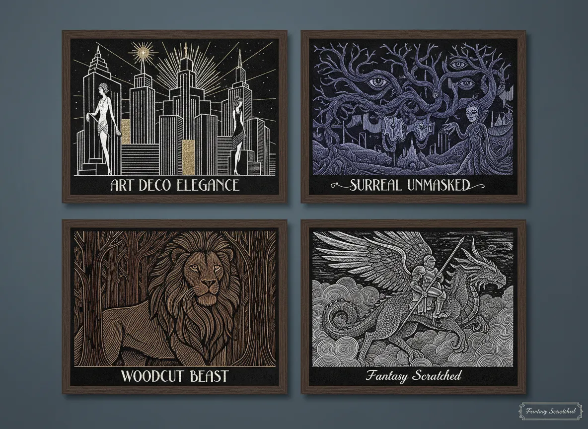 Eine Galerie von vier KI-Illustrationen, die jeweils die Scratchboard-Technik mit verschiedenen Stilen wie Art déco, Surrealismus und Holzschnitt mischen.