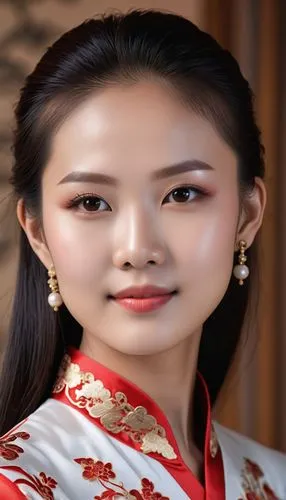 一个女孩
典雅古韵，长发飘逸，温柔笑容

旗袍装束，曼妙身姿，东方韵味

清新脱俗，淡雅妆容，秀外慧中

自然光下，肌肤如雪，柔和光影,a young asian woman with black hair and large earrings,maiko,jingqian,xiaomei,feifei,asian woman,hanbok,Photography,General,Realisti