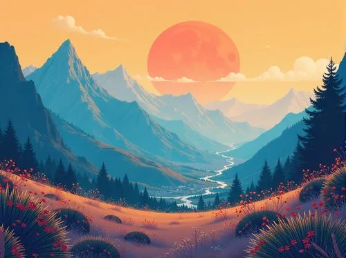Game scene design, clean lines, Space Opera style game, outdoor scenes, mountains, city, plants, war,a large painting of mountains that are part of a landscape,mountains,mountain sunrise,landscape bac