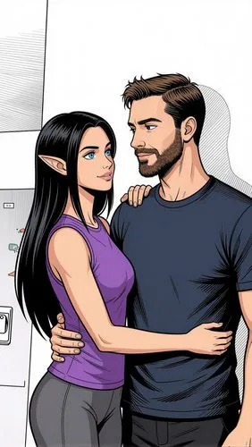 Adds next to the man:
A stunningly beautiful 25-year-old elf with long black hair that falls to the middle of her back, sky-blue eyes, pointed ears, and an athletic build. She wears a purple sleeveles