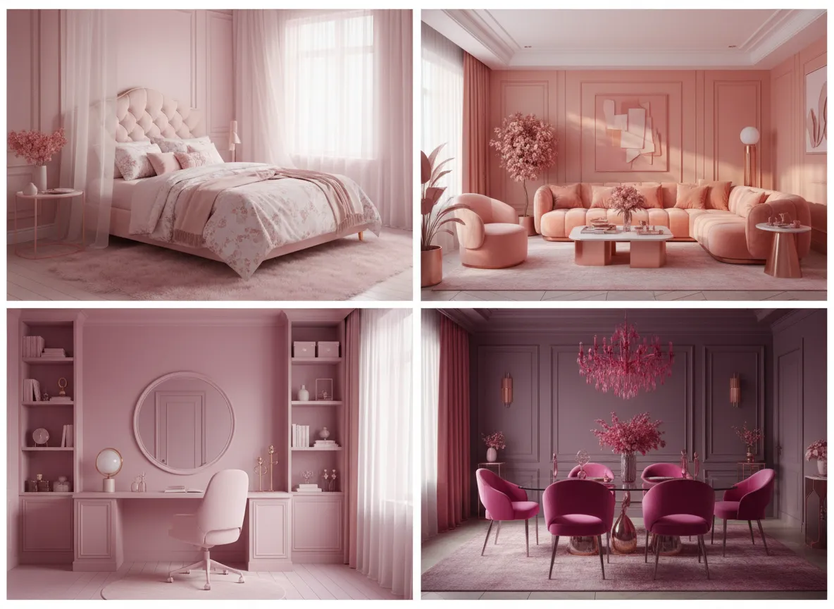 चार AI-जनित रूम विगनेट्स का एक पैलेट, प्रत्येक एक अलग मोनोक्रोमैटिक गुलाबी रंग योजना दिखा रहा है, पेस्टल से लेकर फ्यूशिया तक।