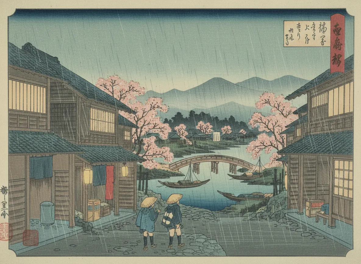 Un'immagine generata dall'AI in stile Hiroshige, che raffigura una tranquilla strada di villaggio durante una leggera pioggia.