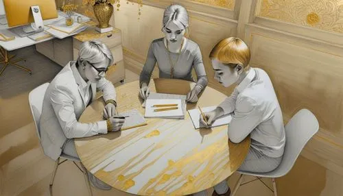this is a rendering of three young ladies talking,propounds,proprietors,promised,prodigal,brokers,propound