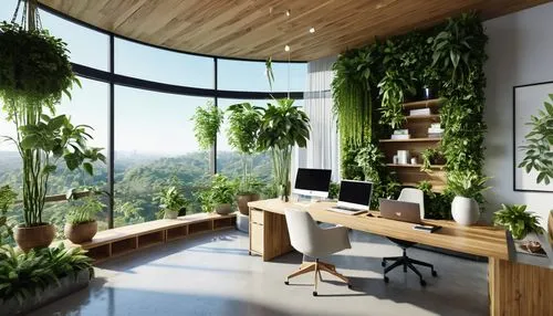 Design a work space that incorporates natural elements, such as greenery, natural light, and organic materials, to promote well-being. Generate a high-resolution interior render of a modern eco-friend