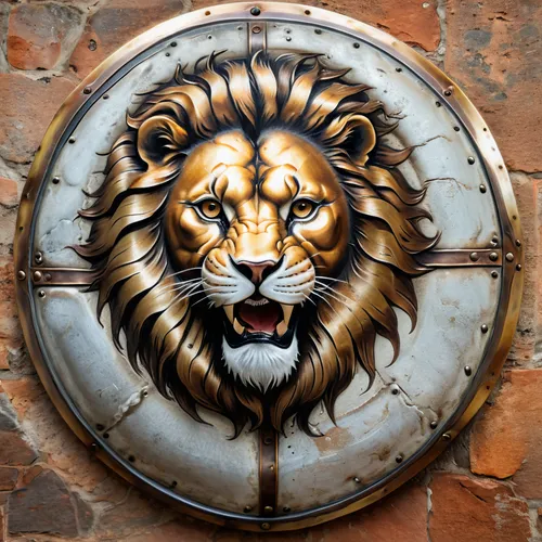 a circular metal shield with a lion painted on it,lion capital,lion number,lion,lion head,dartboard,white lion,decorative plate,panthera leo,head plate,lion white,remo ux drum head,two lion,dart board
