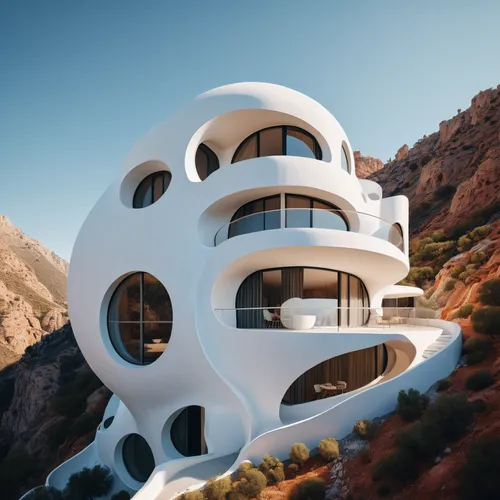 (a house with round lines: 1.2) built into the side of a mountain, a 3D render, unsplash contest winner, hypermodernism, trending on dezeen, white minimalist architecture, beautiful aesthetic design,