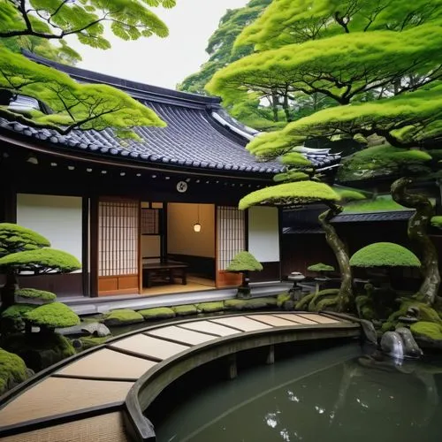 Shota, Sugi Ban, Japanese-style building, traditional roof, curved tiles, ornate wooden doors, sliding screens, tatami mats, low seating, paper lanterns, serene garden, bonsai trees, moss-covered ston