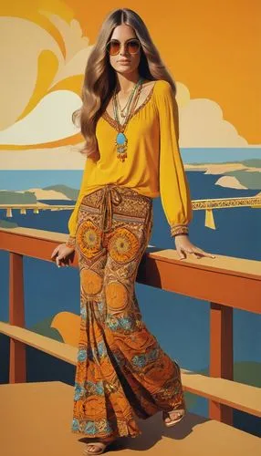hippie style 1970, Fashion shot of beautiful woman, abstract, yellow, orange, 70s fashion, hippie style, long wavy light brown hair, portrait, hazel eyes, bright colors, bridge background, highly deta