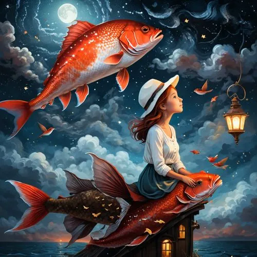 A detailed digital illustration of a great red fish in the night sky. The focal point is the large brown scales of the fish, with the human hand on the roof and the woman who wears a white hat sitting