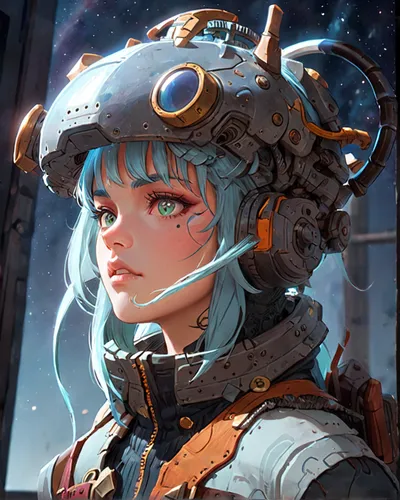 A 19-year-old girl ,astronomer,astronaut,steampunk,astronaut helmet,rei ayanami,helmet,scifi,winterblueher,engineer,operator,winter hat,eris,ski helmet,fantasy portrait,soyuz,cg artwork,juno,aurora,sp