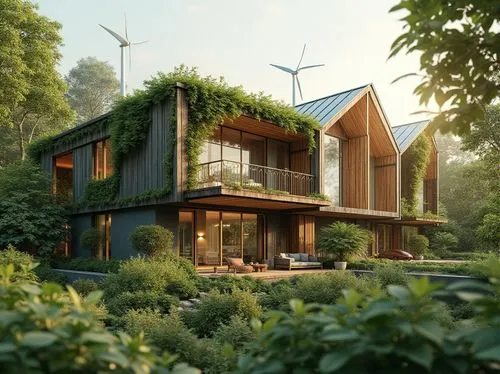 Eco-friendly modern building, reclaimed wood accents, living green walls, solar panels, wind turbines, rainwater harvesting systems, grey water reuse, low-carbon concrete foundations, FSC-certified wo