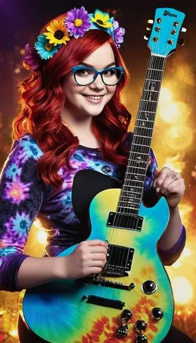Love, young teenager, combination of young teenage Ariel Winter christina hendricks face, tinted glasses, flower headband in hair, tye-dye shirt, redhead, half body view, smile,  Playing guitar, flore