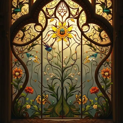 Art Nouveau style, ornate, elegant, luxurious, botanical patterns, flowing curves, organic forms, intricate details, natural motifs, flowers, leaves, vines, tendrils, peacock feathers, dragonflies, or