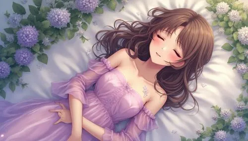 Image is a styled, artistic photograph featuring a young woman with fair skin and long, curly light brown hair. She is lying on a bed covered with white linens, surrounded by an arrangement of lush, g