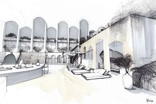 a drawing of a courtyard and lounge chairs,forecourts,school design,redevelopment,outdoor dining,wine bar,landscaped,porticoes,penthouses,barbecue area,esplanades,brasserie,roof terrace,forecourt,pati