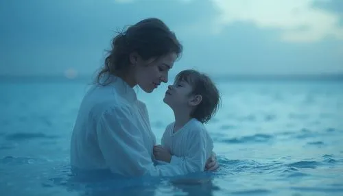 Uma mãe protegendo seu filho, com uma paleta de azul e branco que transmite serenidade, confiança e fé, com detalhes suaves que destacam a conexão profunda entre eles.",a mother and daughter are stand